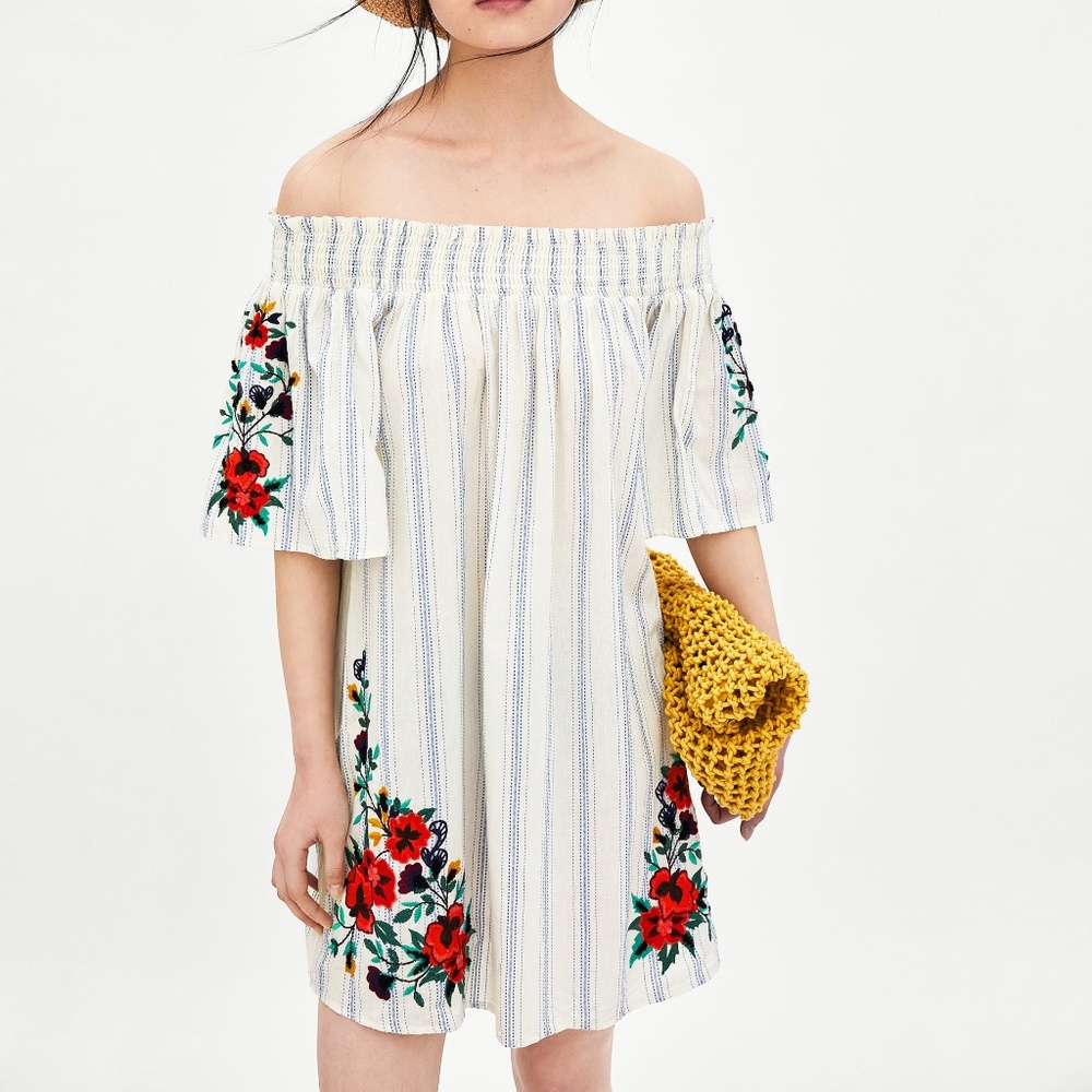 NWT  FLORAL EMBROIDERED STRIPED DRESS